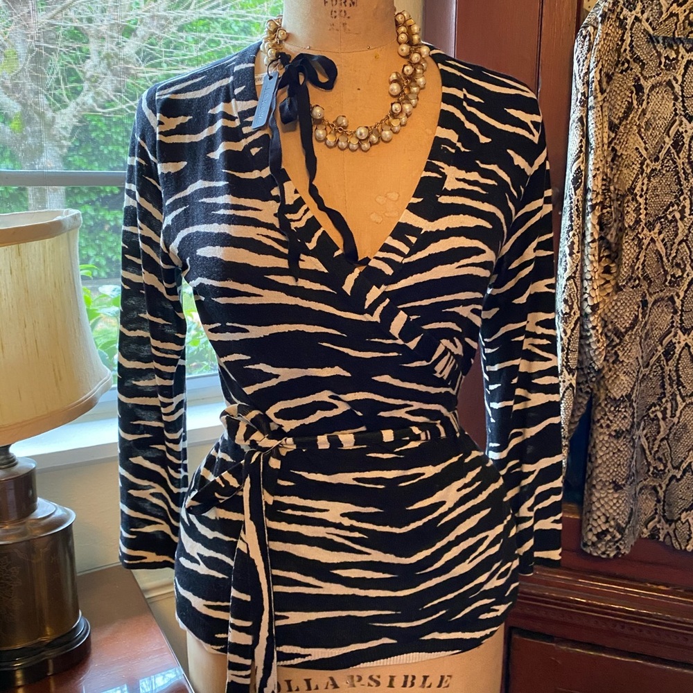 DKNY zebra print silk and cashmere wrap sweater